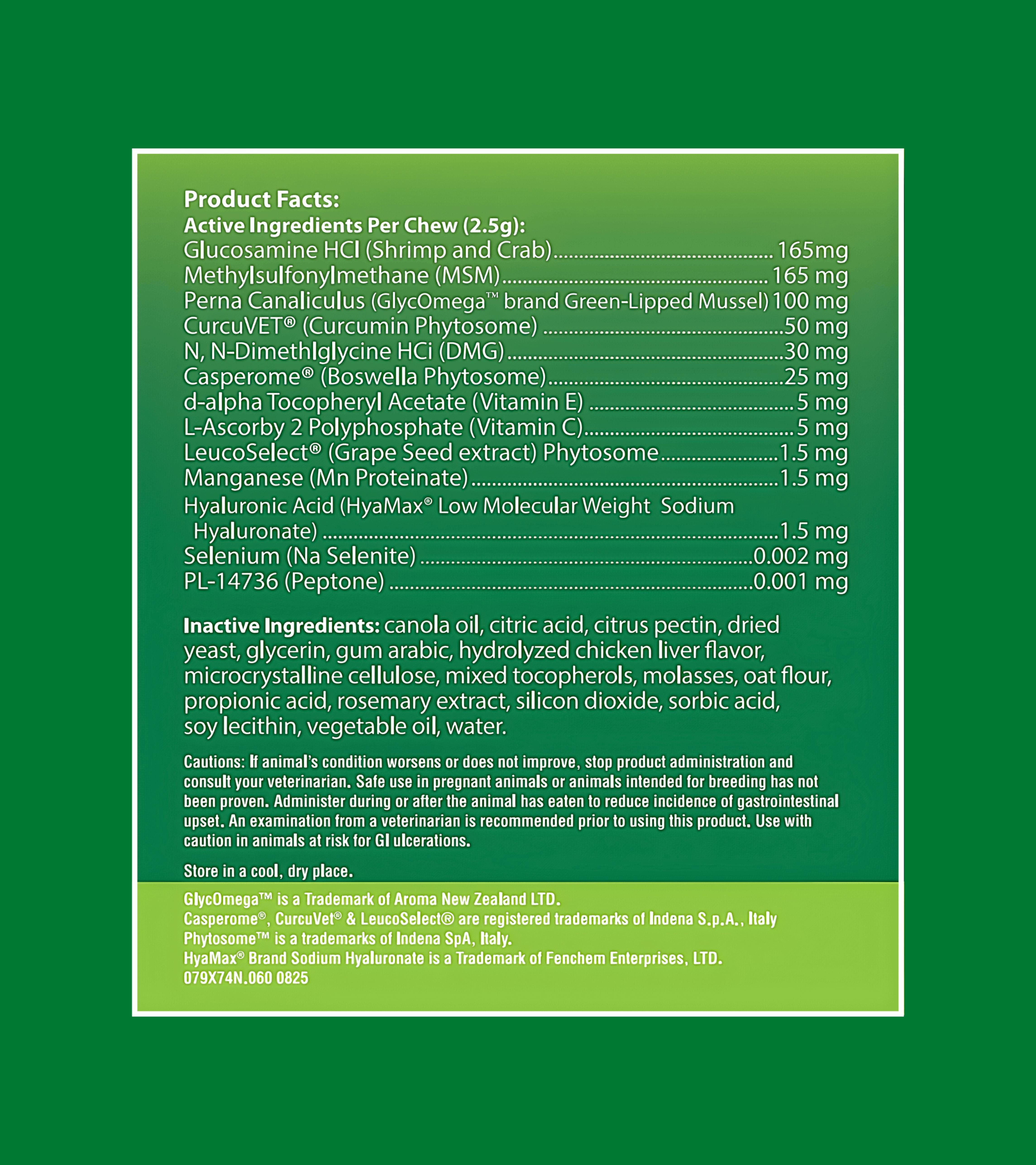 Canine Pro Core product facts showing ingredients list for joint support and gut health in dog chews.