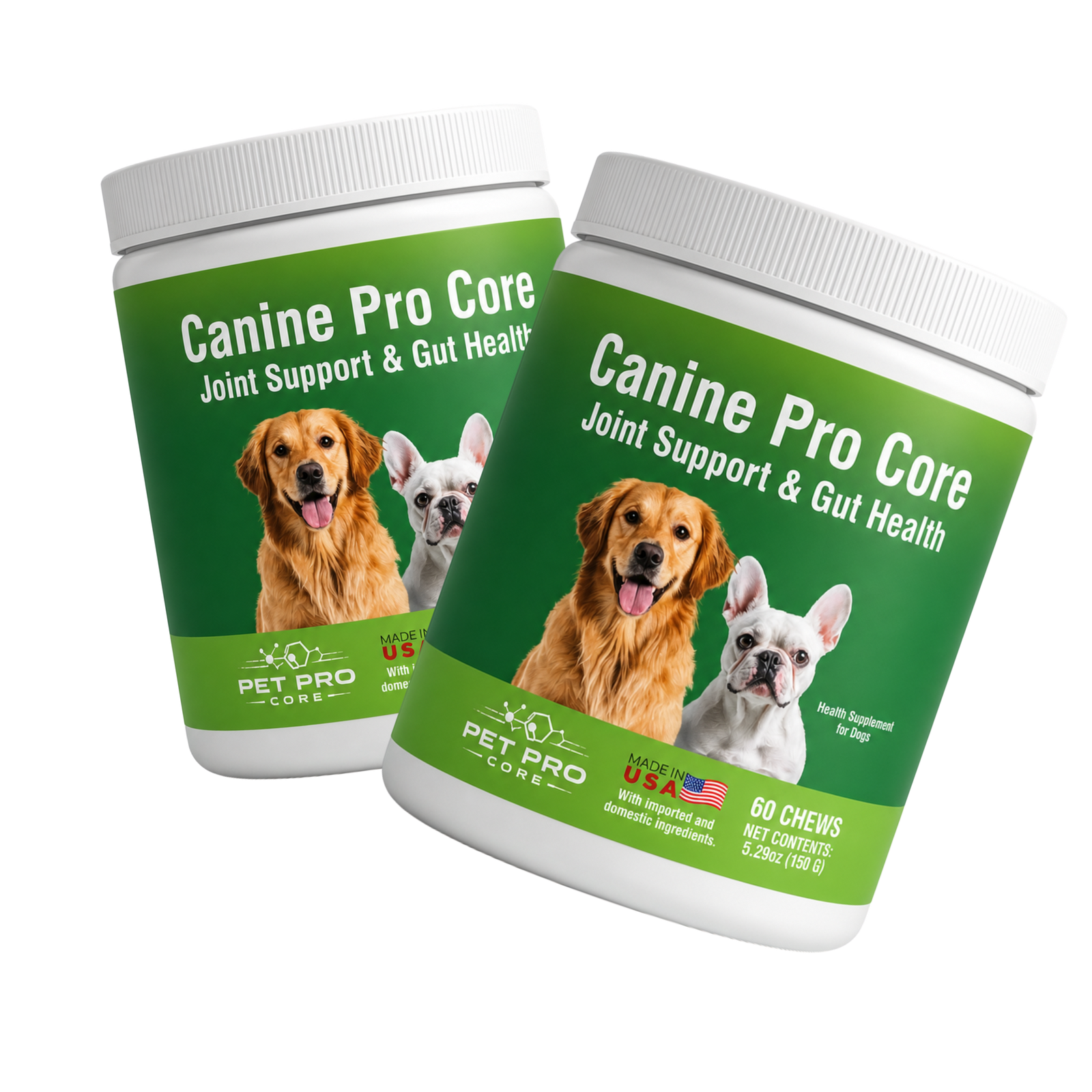 Two bottles of Canine Pro Core on a transparent background.