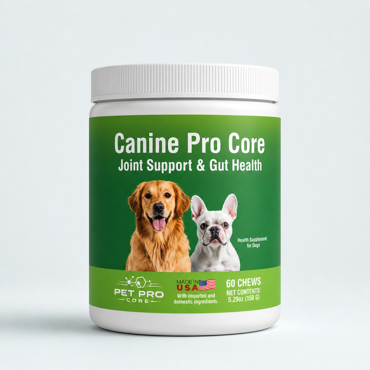 Pet supplement jar labeled 'Canine Pro Core' with two dogs on a green background