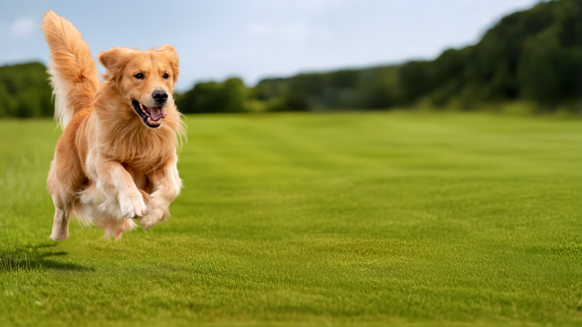 Happy golden retriever running on a grassy field with trees in the background