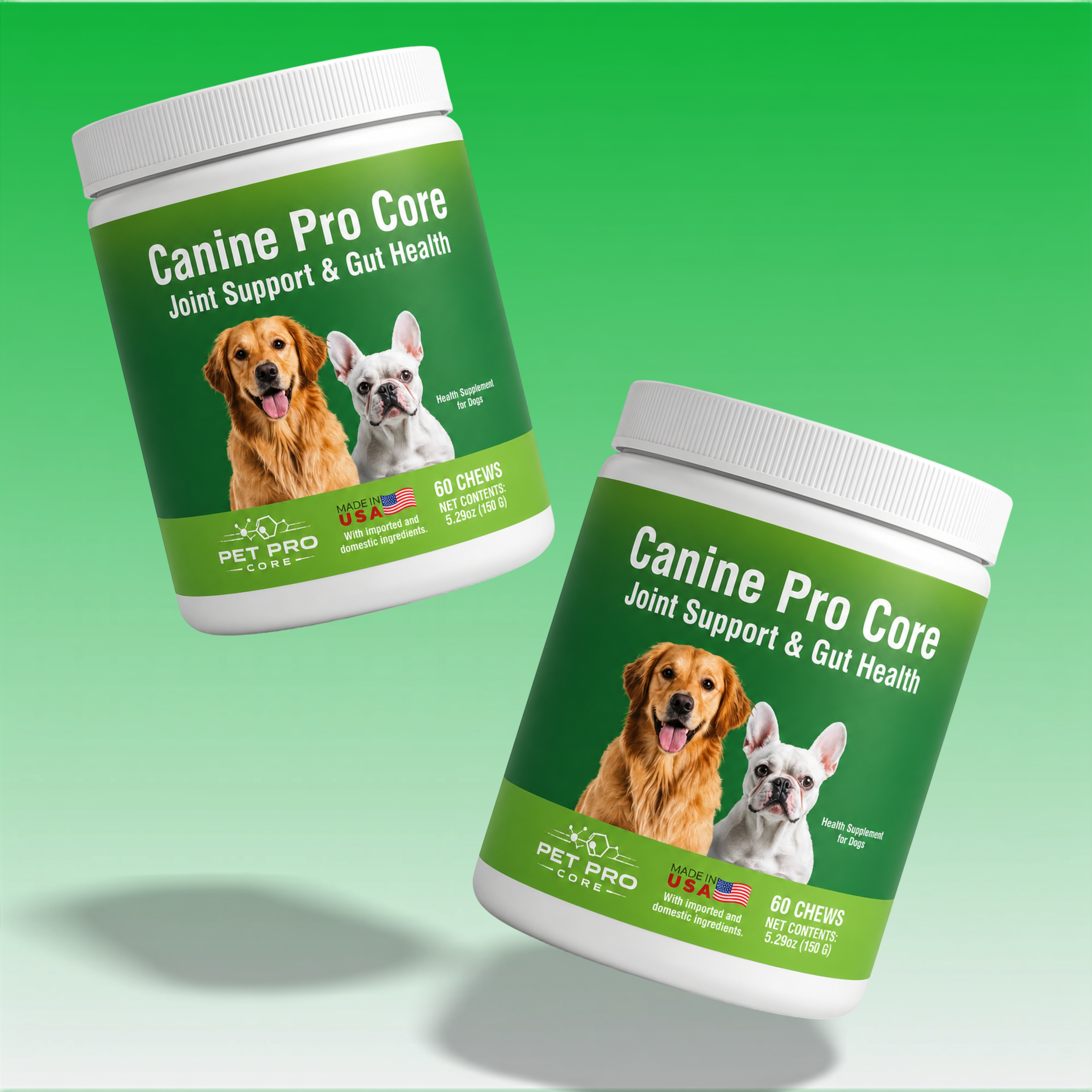 Two containers of Canine Pro Core Joint Support & Gut Health supplement on a green background